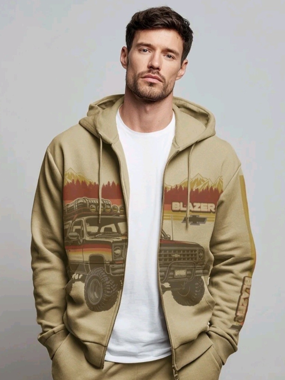 Men's Khaki Graphic Zip-Up Hoodie - Blazer Design Oversized Small